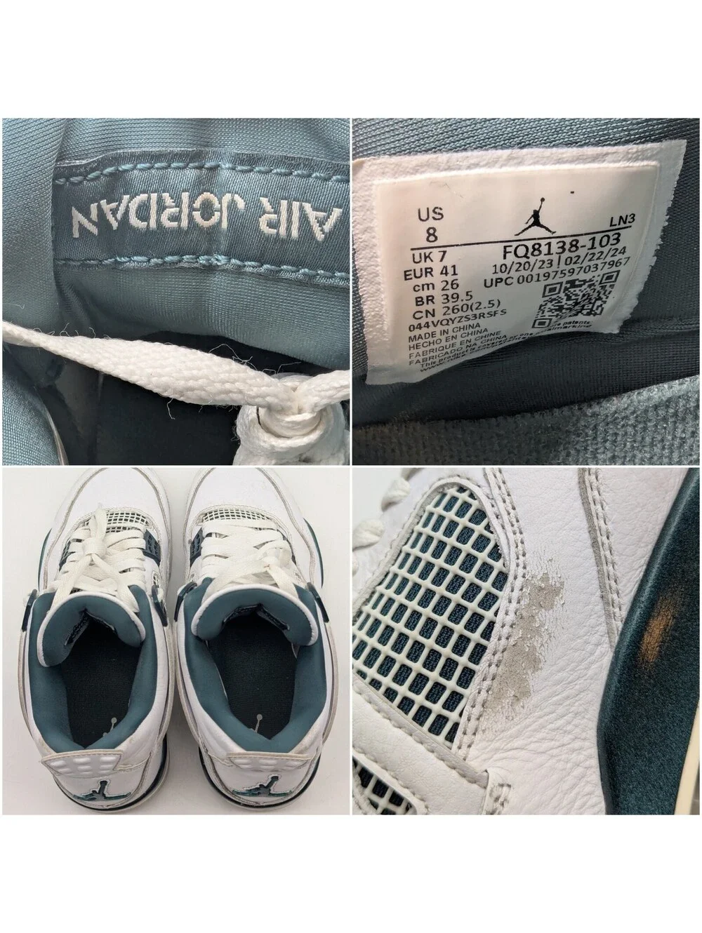 Jordan 4 Retro Oxidized Green White Leather Mens Size 8 / Womens 9.5 FQ8138-103